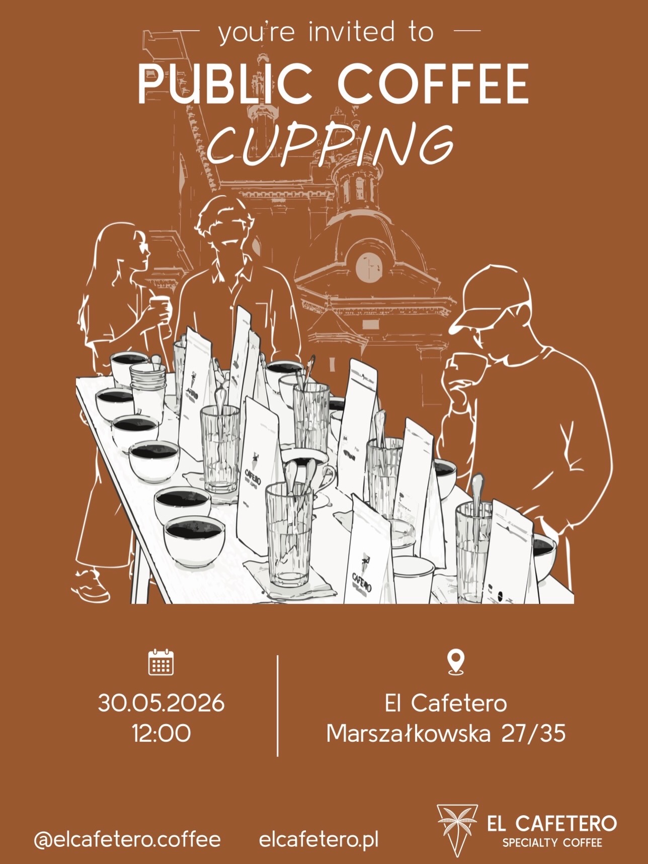 W tę sobotę zapraszamy na Public Coffee Cupping ☕️

Wpadajcie spróbować różnych kaw, dowiedzieć się czegoś nowego i spędzić poranek w świetnej atmosferze.
Cupping poprowadzi Konrad — właściciel i roaster El Cafetero, który zna nasze ziarna od podszewki. 🤓

📍Marszałkowska 27/35
📅 30.05.2026
⏰ 12:00

Dobra kawa, luźny vibe i świetni ludzie — widzimy się w sobotę ✨

—

This Saturday — Public Coffee Cupping ☕️

Join us to taste different coffees, learn something new, and enjoy a relaxed morning with great people.
The cupping will be led by Konrad — owner and roaster of El Cafetero, who knows our beans inside out. 🤓

📍Marszałkowska 27/35
📅 30.05.2026
⏰ 12:00

Good coffee, good vibes, and a perfect way to spend your Saturday morning ✨

#cupping #coffeeevent #specialtycoffee #warszawa #coffeelovers